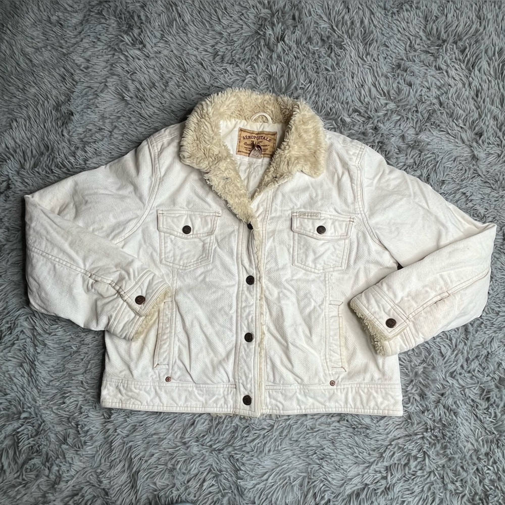 Aeropostale Jacket Womens XL Corduroy White Faux Fur Trim Pockets Button Up